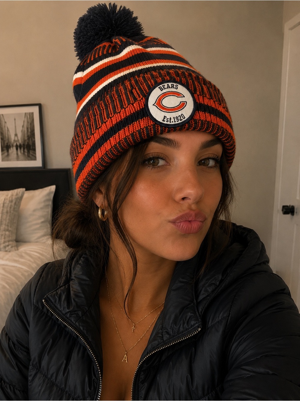 Chicago Bears Pom Beanie Hat - Navy & Orange